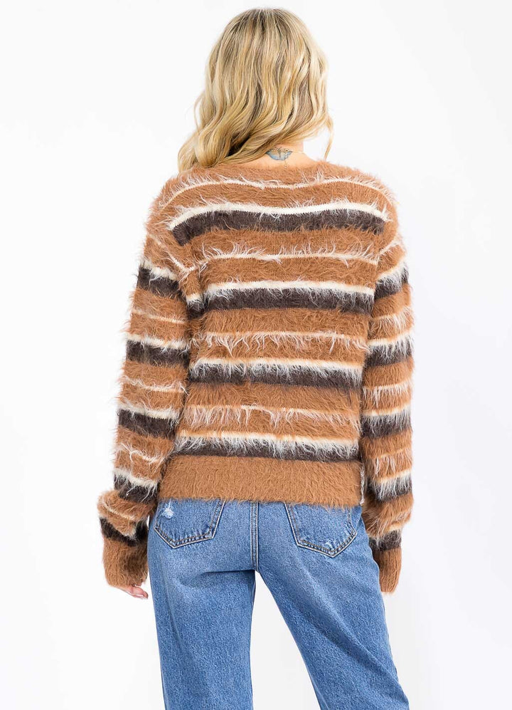 WOMEN'S LONG SLEEVE BUTTON UP COLORBLOCK STRIPES FUZZY SWEATER