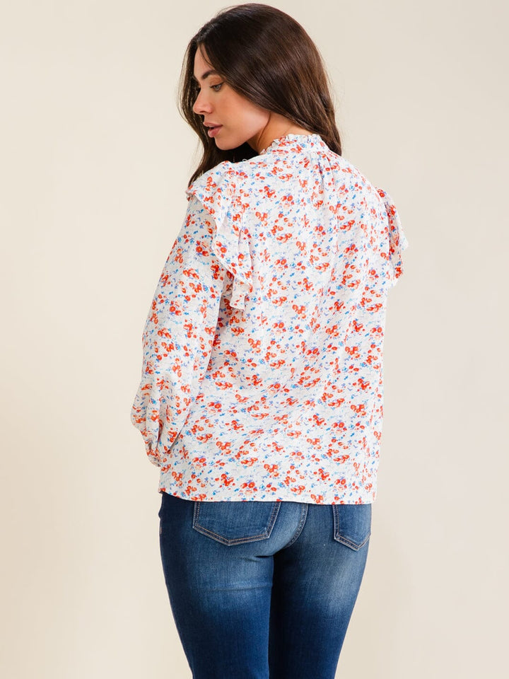 ENTRO WOMEN'S LONG SLEEVE V-NECK BUTTON UP FLORAL PRINT BLOUSE