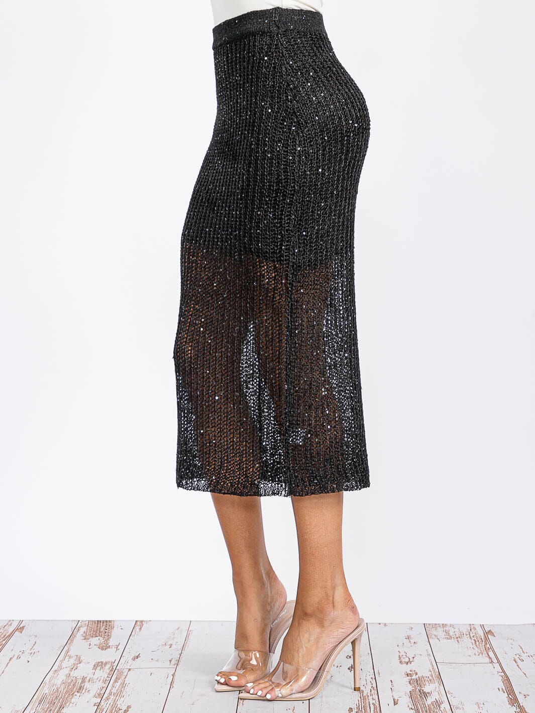 WOMEN'S ELASTIC WAIST SHIMMER KNIT MIDI SKIRT