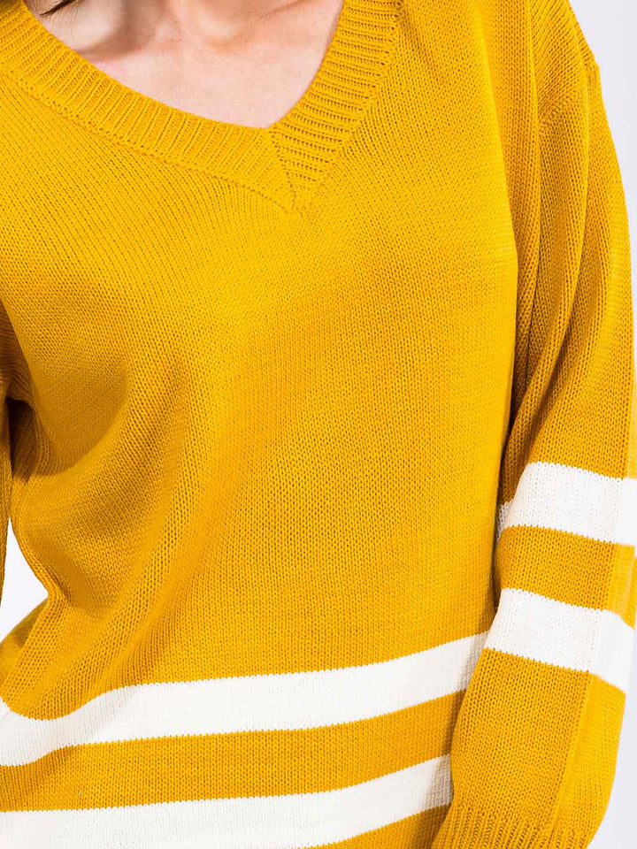 WOMEN'S LONG SLEEVE V-NECK COLORBLOCK KNIT PULLOVER SWEATER