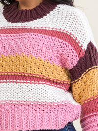 WOMEN'S LONG SLEEVE COLORBLOCK STRIPES KNIT PULLOVER SWEATER