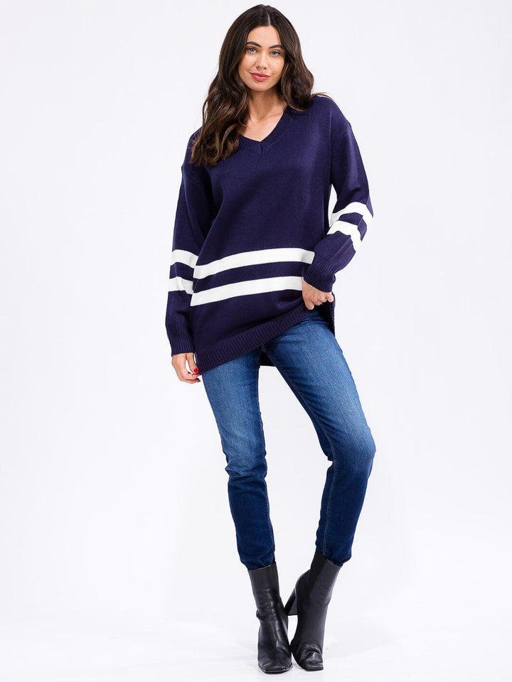WOMEN'S LONG SLEEVE V-NECK COLORBLOCK KNIT PULLOVER SWEATER