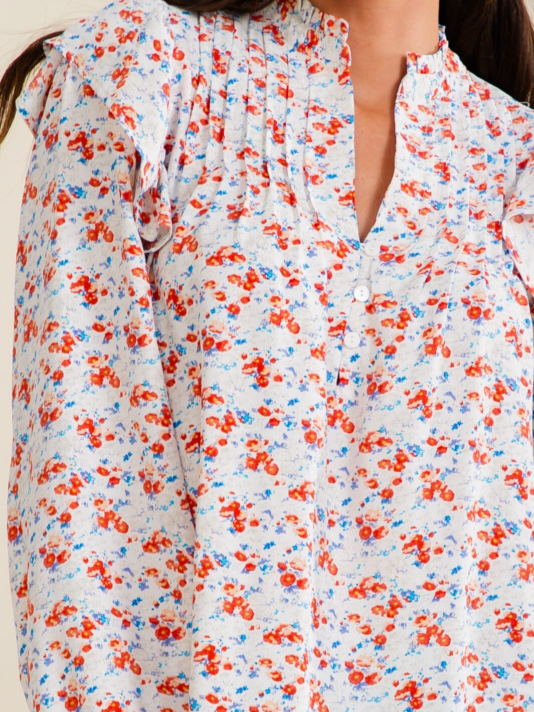 ENTRO WOMEN'S LONG SLEEVE V-NECK BUTTON UP FLORAL PRINT BLOUSE