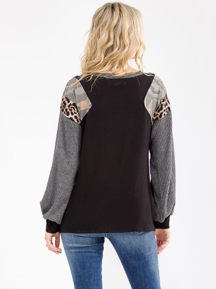 WOMEN'S LONG SLEEVE COLORBLOCK CONTRAST PRINT LOOSE FIT TOP