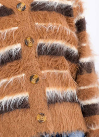 WOMEN'S LONG SLEEVE BUTTON UP COLORBLOCK STRIPES FUZZY SWEATER