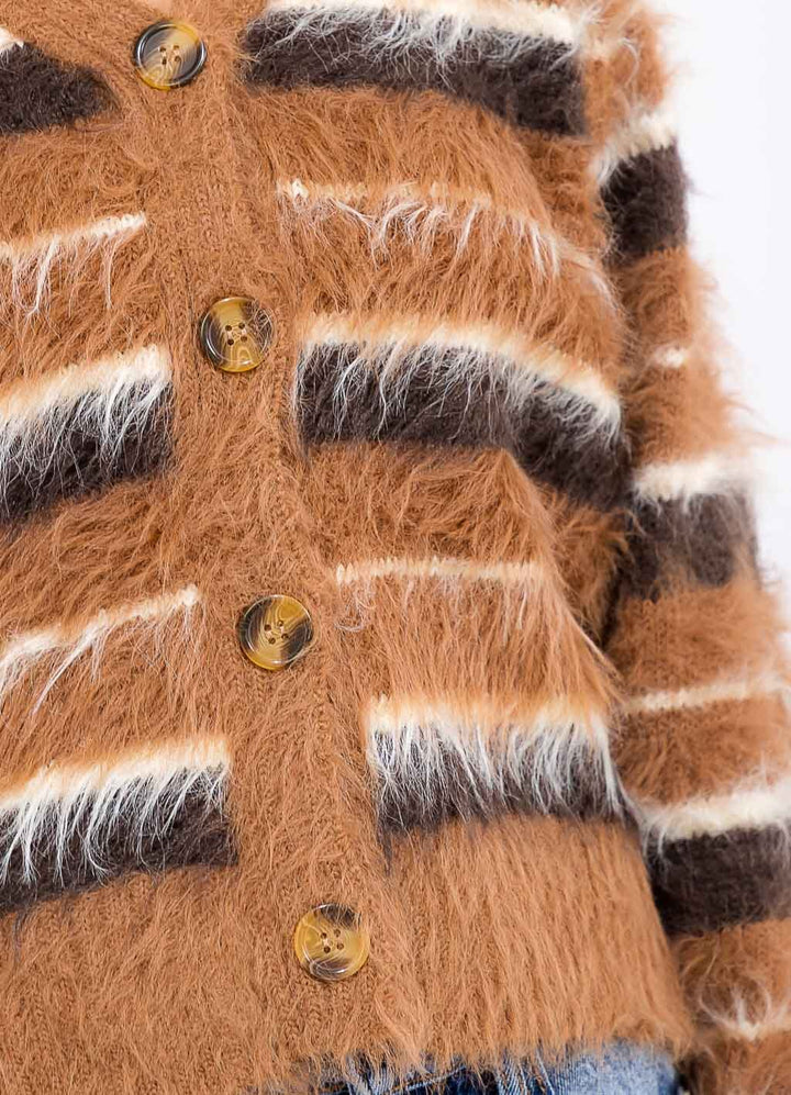 WOMEN'S LONG SLEEVE BUTTON UP COLORBLOCK STRIPES FUZZY SWEATER