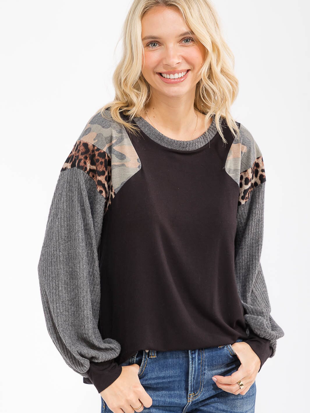 WOMEN'S LONG SLEEVE COLORBLOCK CONTRAST PRINT LOOSE FIT TOP