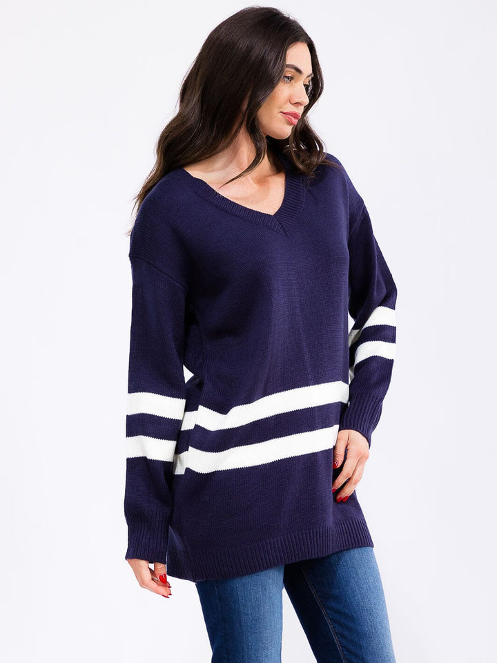 WOMEN'S LONG SLEEVE V-NECK COLORBLOCK KNIT PULLOVER SWEATER