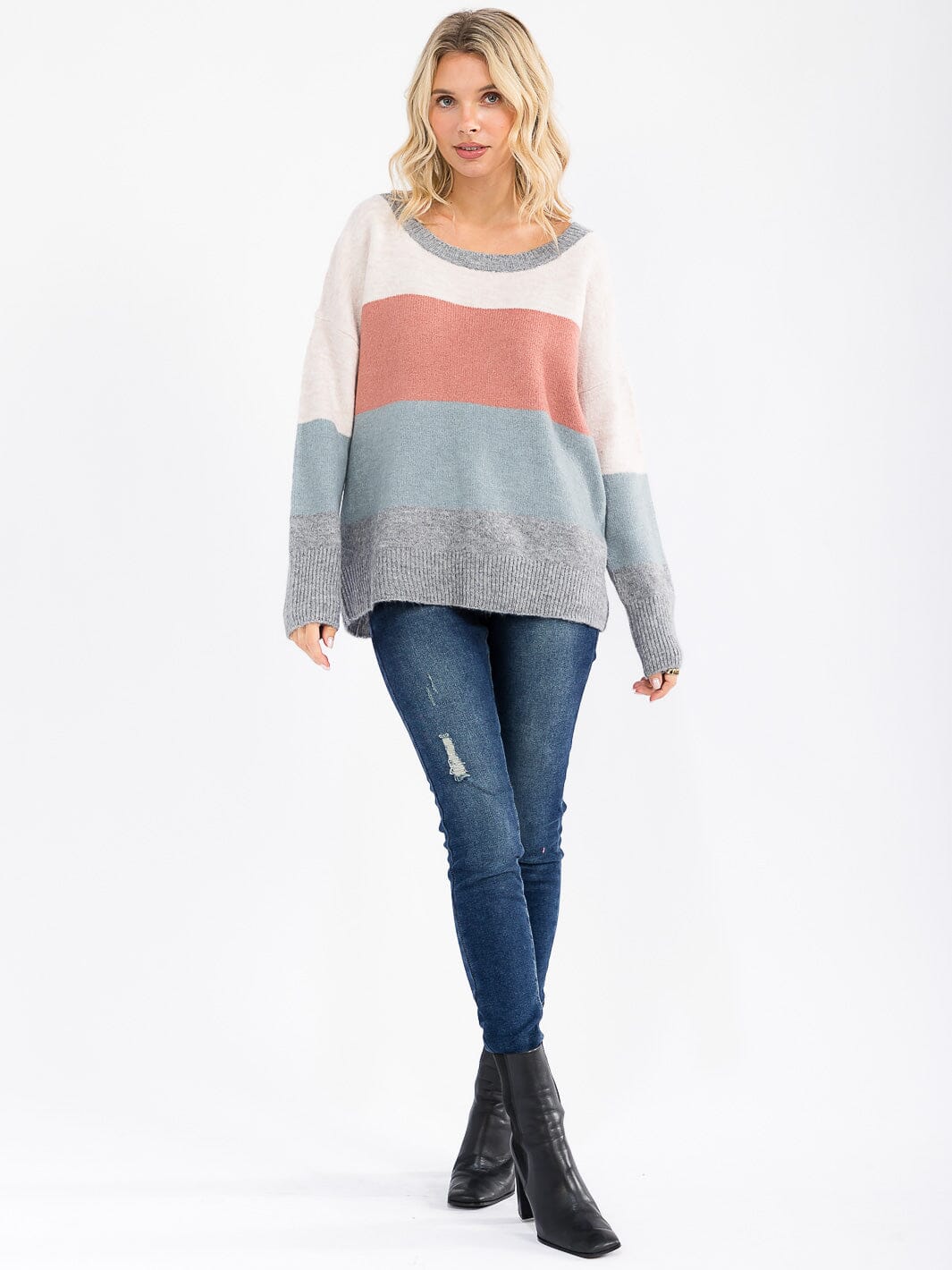 WOMEN'S LONG SLEEVE COLORBLOCK PULLOVER SWEATER