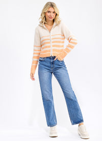 WOMEN'S LONG SLEEVE ZIP UP COLORBLOCK STRIPES SWEATER