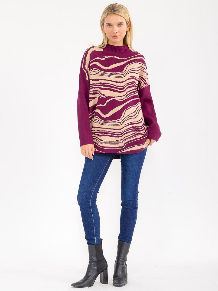 WOMEN'S LONG SLEEVE MOCK NECK PULLOVER COLORBLOCK PRINT SWEATER