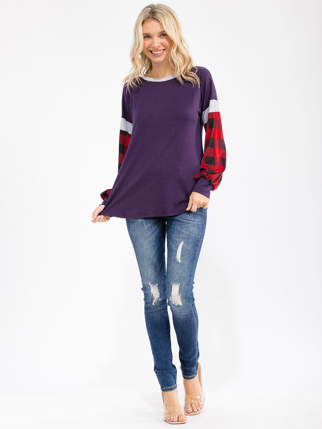 WOMEN'S LONG SLEEVE COLORBLOCK PLAID LOOSE FIT TOP