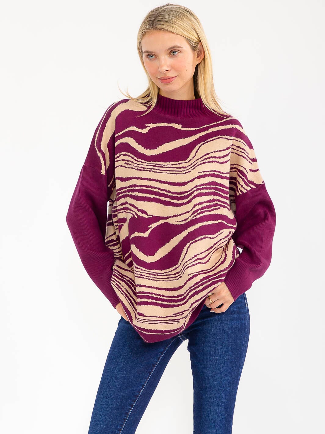 WOMEN'S LONG SLEEVE MOCK NECK PULLOVER COLORBLOCK PRINT SWEATER