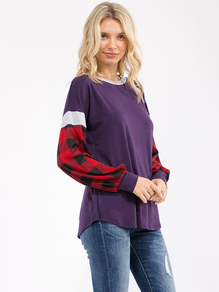 WOMEN'S LONG SLEEVE COLORBLOCK PLAID LOOSE FIT TOP