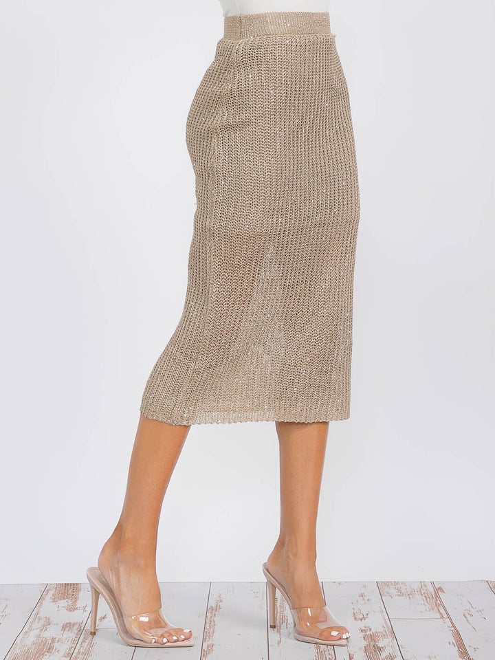 WOMEN'S ELASTIC WAIST SHIMMER KNIT MIDI SKIRT