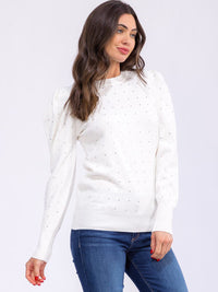WOMEN'S LONG PUFF SLEEVE STUDS DETAILED PULLOVER SWEATER
