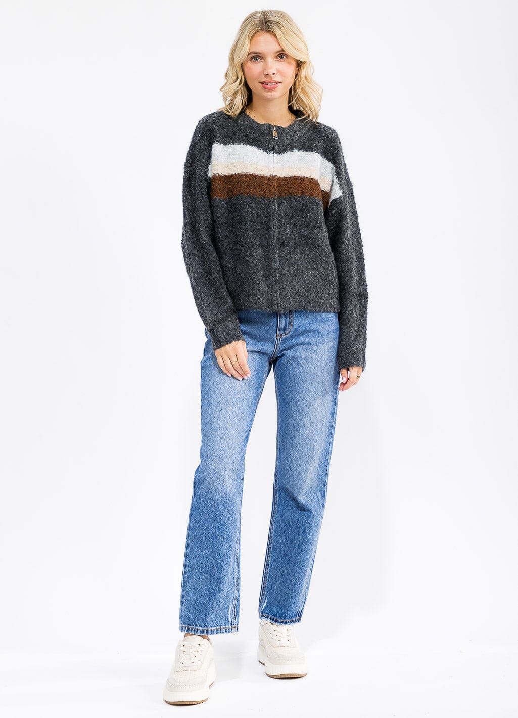 WOMEN'S LONG SLEEVE ZIP UP COLORBLOCK STRIPES SWEATER