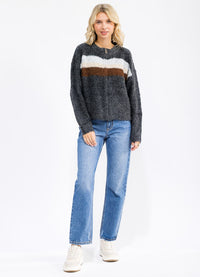 WOMEN'S LONG SLEEVE ZIP UP COLORBLOCK STRIPES SWEATER