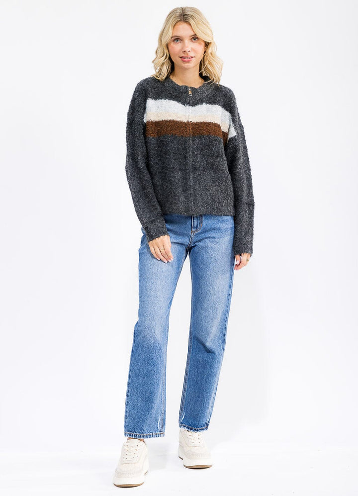 WOMEN'S LONG SLEEVE ZIP UP COLORBLOCK STRIPES SWEATER