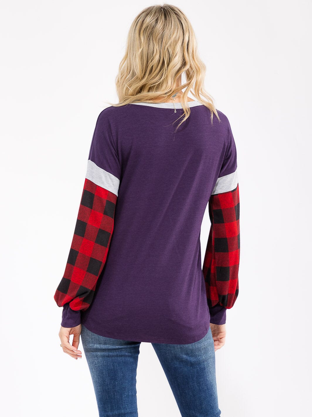 WOMEN'S LONG SLEEVE COLORBLOCK PLAID LOOSE FIT TOP