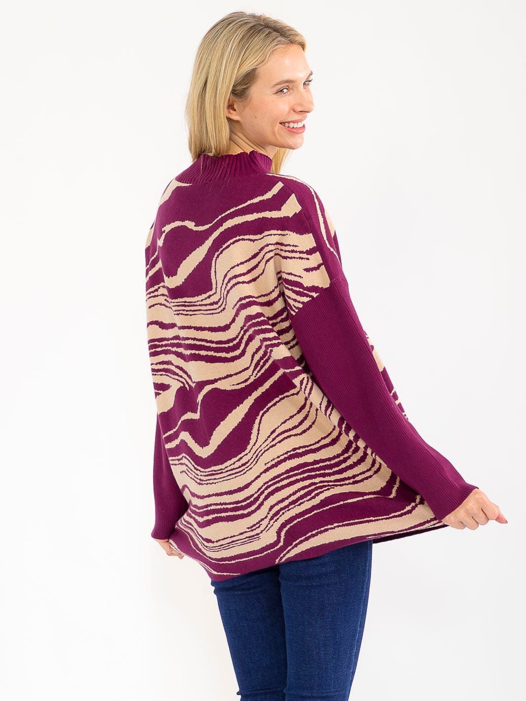 WOMEN'S LONG SLEEVE MOCK NECK PULLOVER COLORBLOCK PRINT SWEATER