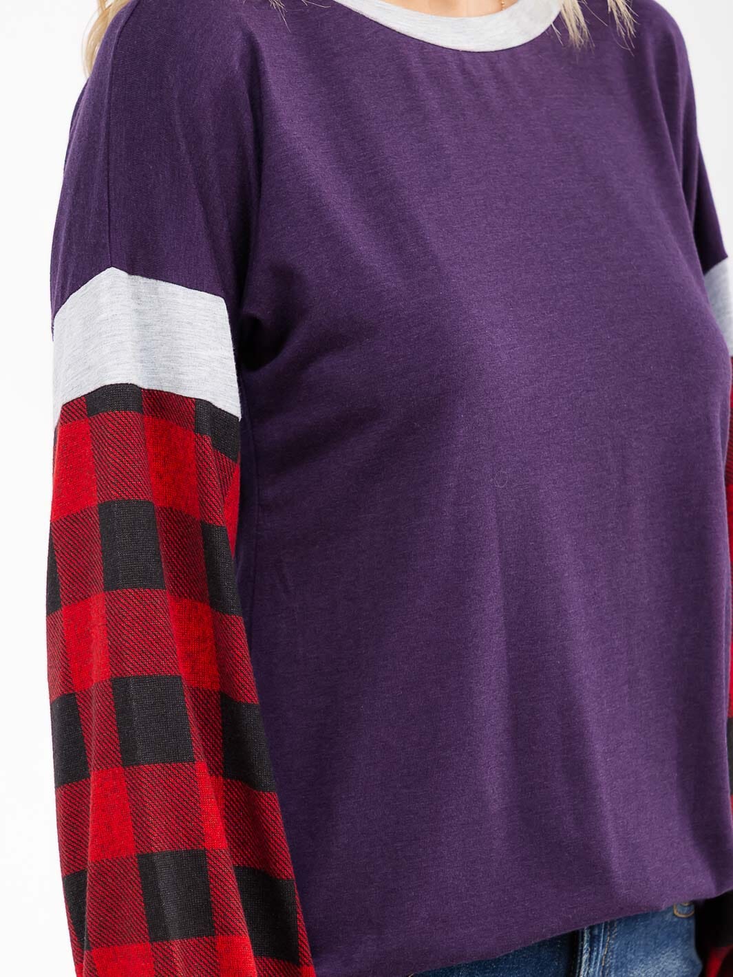 WOMEN'S LONG SLEEVE COLORBLOCK PLAID LOOSE FIT TOP