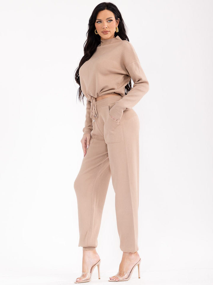 WOMEN'S LONG SLEEVE TOP & ELASTIC WAIST PANTS RIBBED 2PC. SET