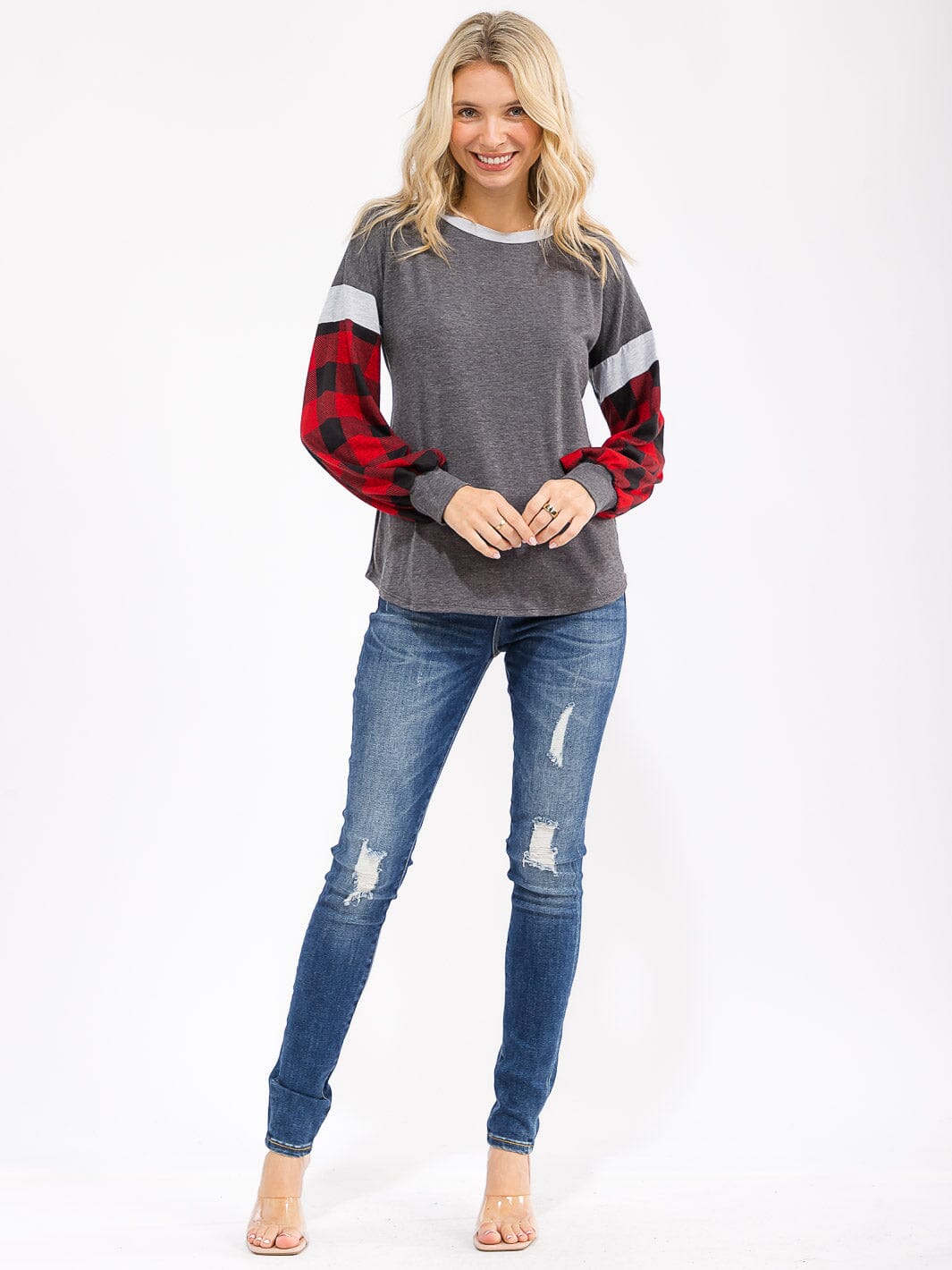 WOMEN'S LONG SLEEVE COLORBLOCK PLAID LOOSE FIT TOP