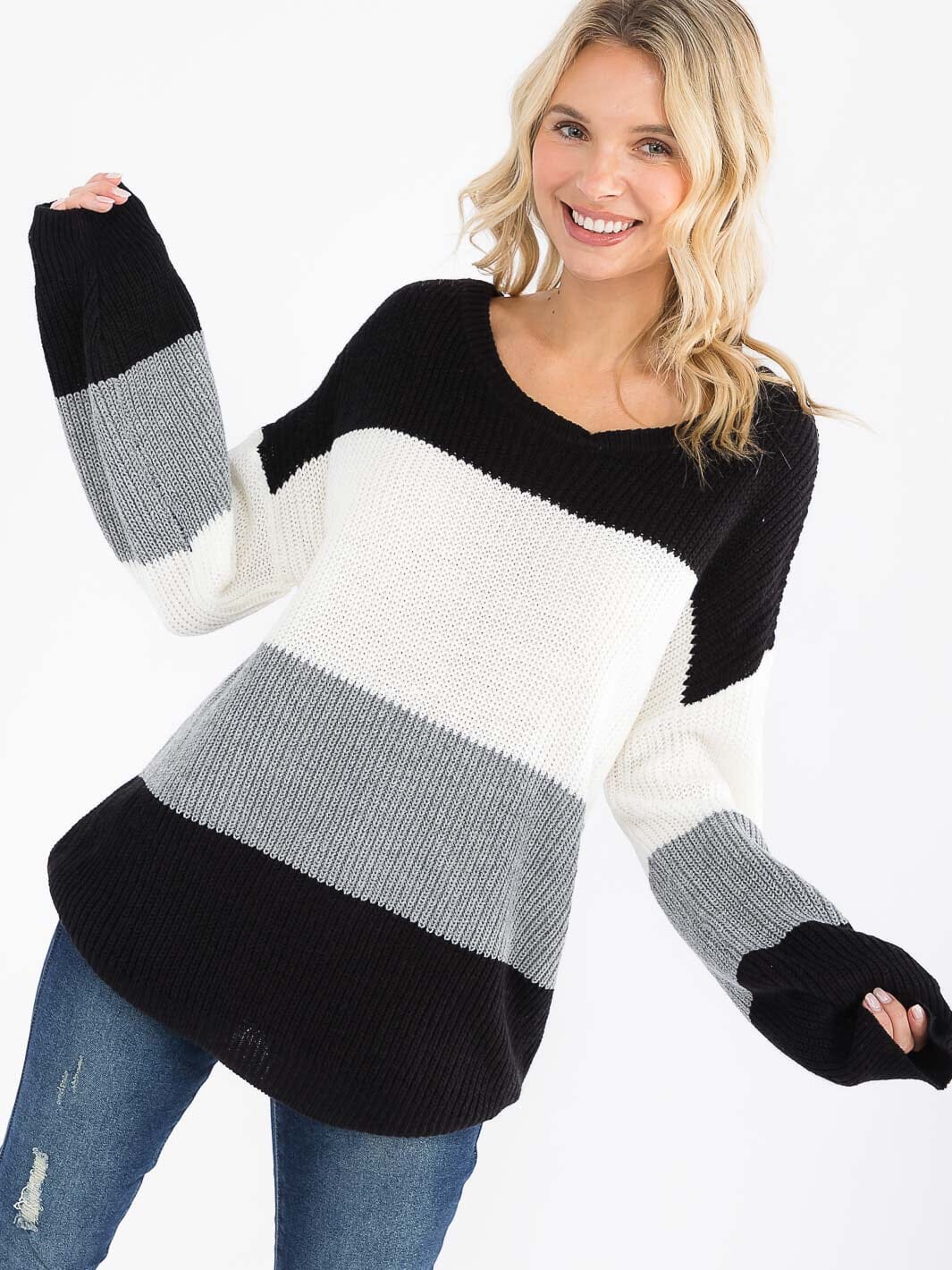 WOMEN'S LONG SLEEVE KNIT COLORBLOCK SWEATER