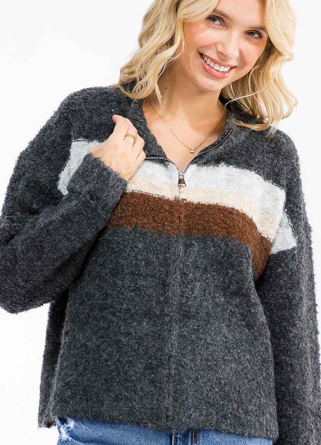 WOMEN'S LONG SLEEVE ZIP UP COLORBLOCK STRIPES SWEATER
