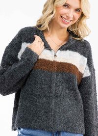 WOMEN'S LONG SLEEVE ZIP UP COLORBLOCK STRIPES SWEATER