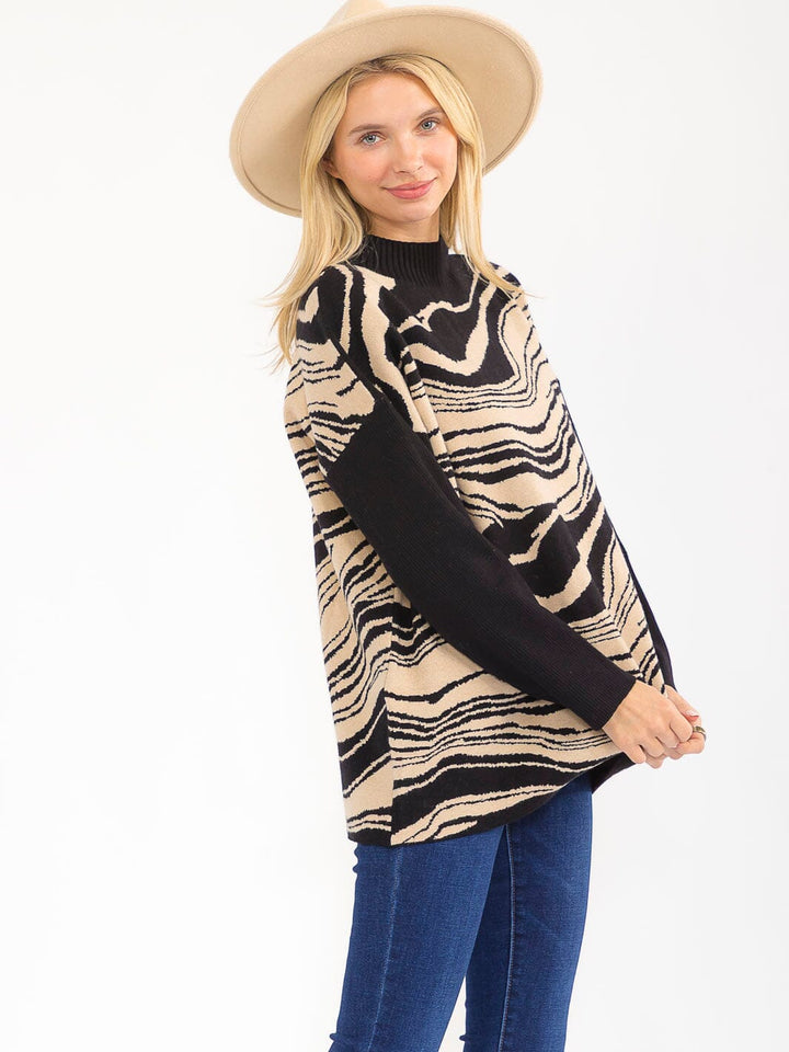 WOMEN'S LONG SLEEVE MOCK NECK PULLOVER COLORBLOCK PRINT SWEATER