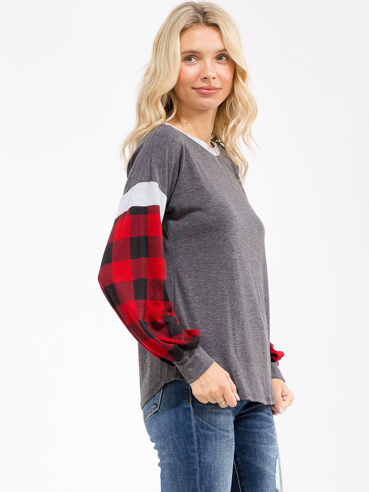 WOMEN'S LONG SLEEVE COLORBLOCK PLAID LOOSE FIT TOP