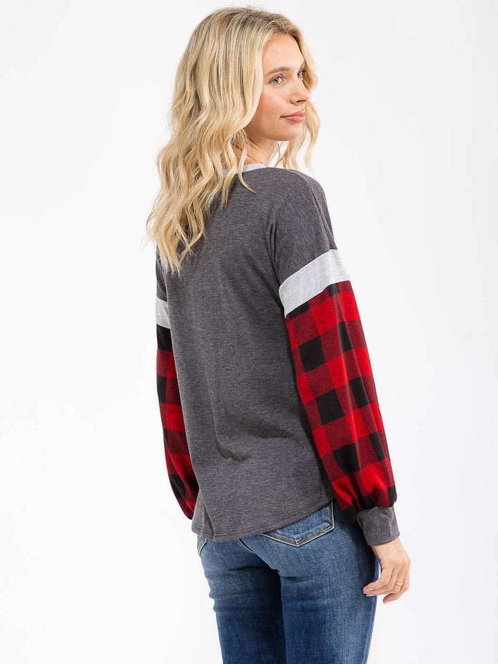 WOMEN'S LONG SLEEVE COLORBLOCK PLAID LOOSE FIT TOP