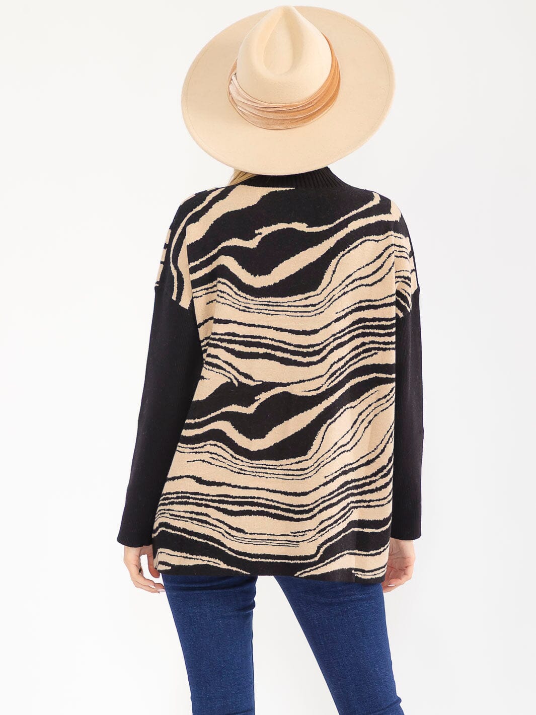 WOMEN'S LONG SLEEVE MOCK NECK PULLOVER COLORBLOCK PRINT SWEATER