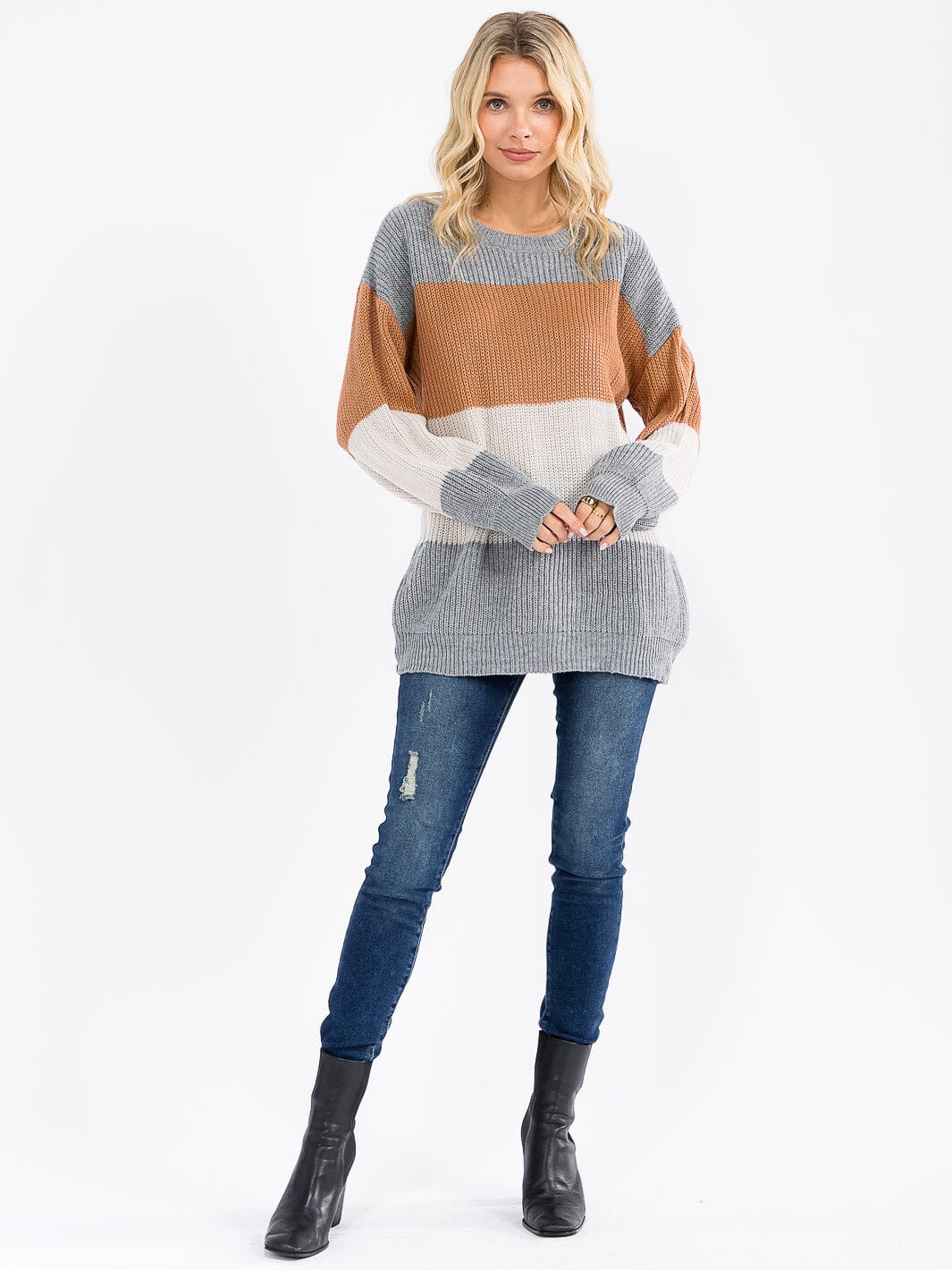 WOMEN'S LONG SLEEVE KNIT COLORBLOCK SWEATER