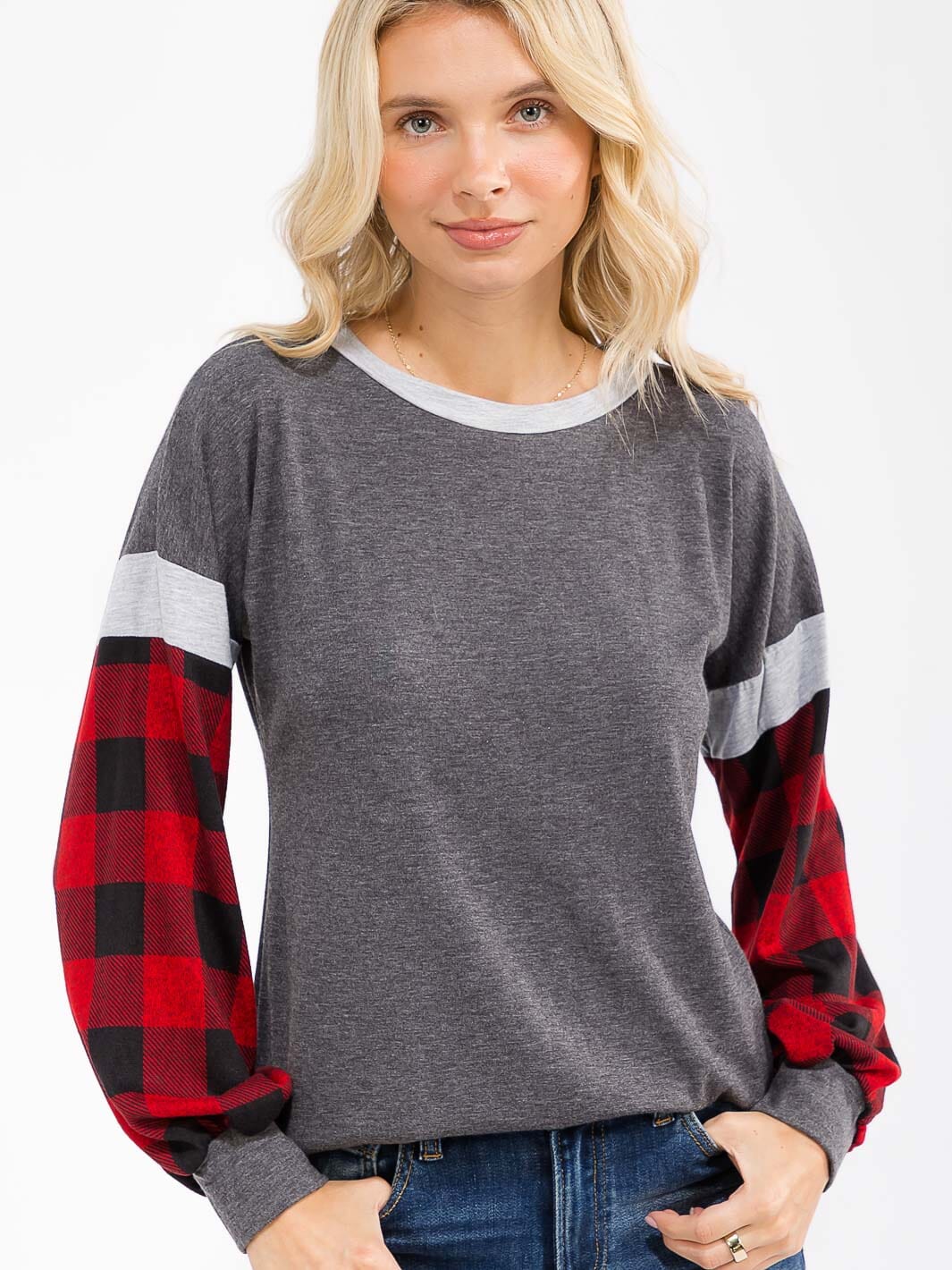 WOMEN'S LONG SLEEVE COLORBLOCK PLAID LOOSE FIT TOP