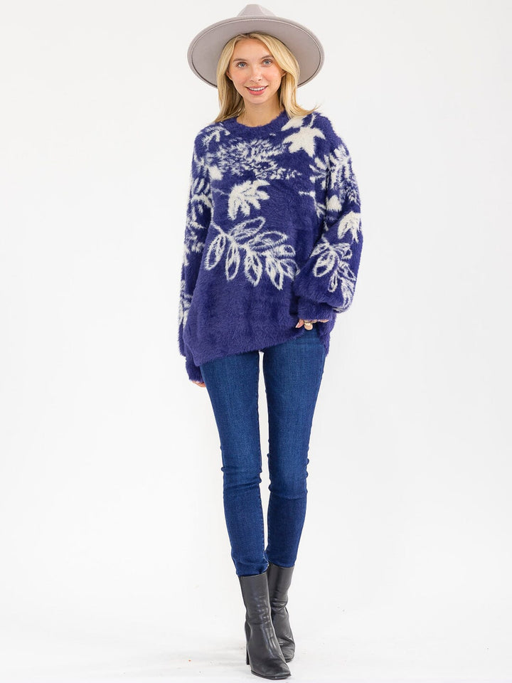WOMEN'S LONG SLEEVE PULLOVER FUZZY PRINT SWEATER