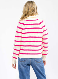 WOMEN'S LONG SLEEVE ZIP UP FRONT POCKETS COLORBLOCK STRIPES SWEATER