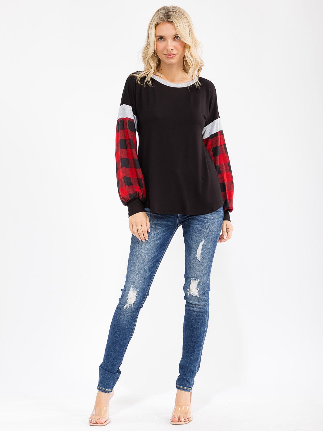 WOMEN'S LONG SLEEVE COLORBLOCK PLAID LOOSE FIT TOP