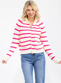 WOMEN'S LONG SLEEVE ZIP UP FRONT POCKETS COLORBLOCK STRIPES SWEATER