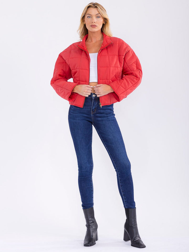 WOMEN'S LONG SLEEVE ZIPPER CLOSURE FRONT POCKETS PUFFER JACKET