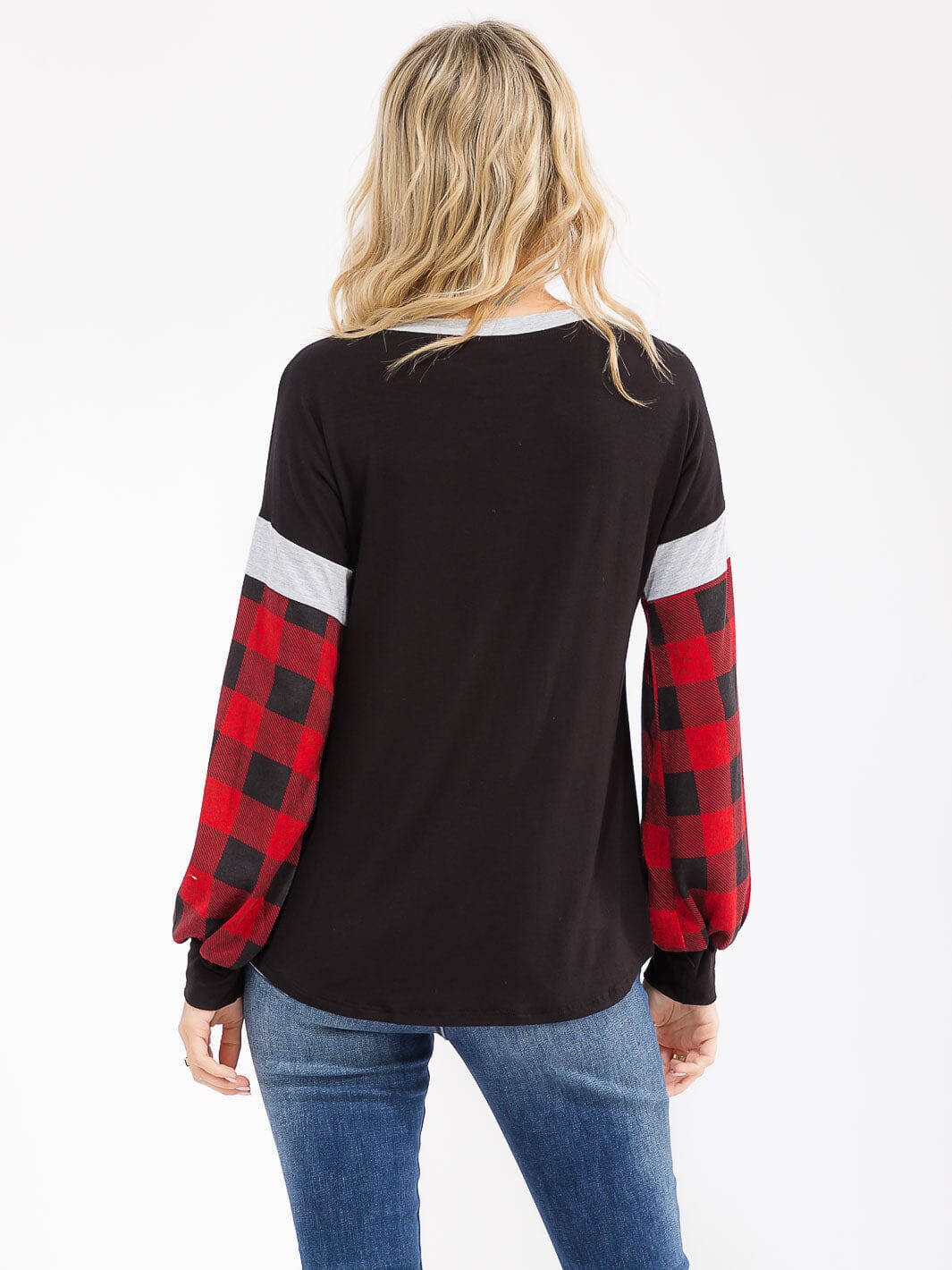 WOMEN'S LONG SLEEVE COLORBLOCK PLAID LOOSE FIT TOP
