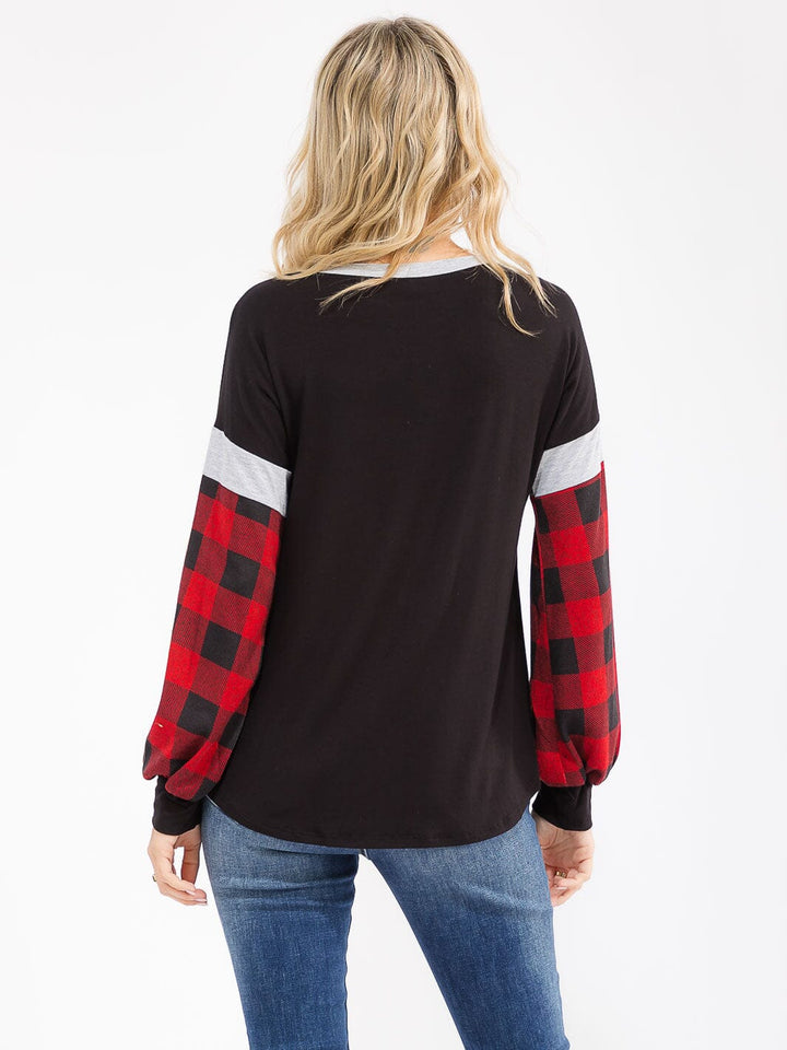WOMEN'S LONG SLEEVE COLORBLOCK PLAID LOOSE FIT TOP
