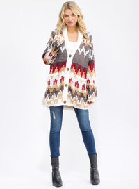 WOMEN'S LONG SLEEVE BUTTON CLOSURE FRONT POCKETS MULTI PRINT CARDIGAN