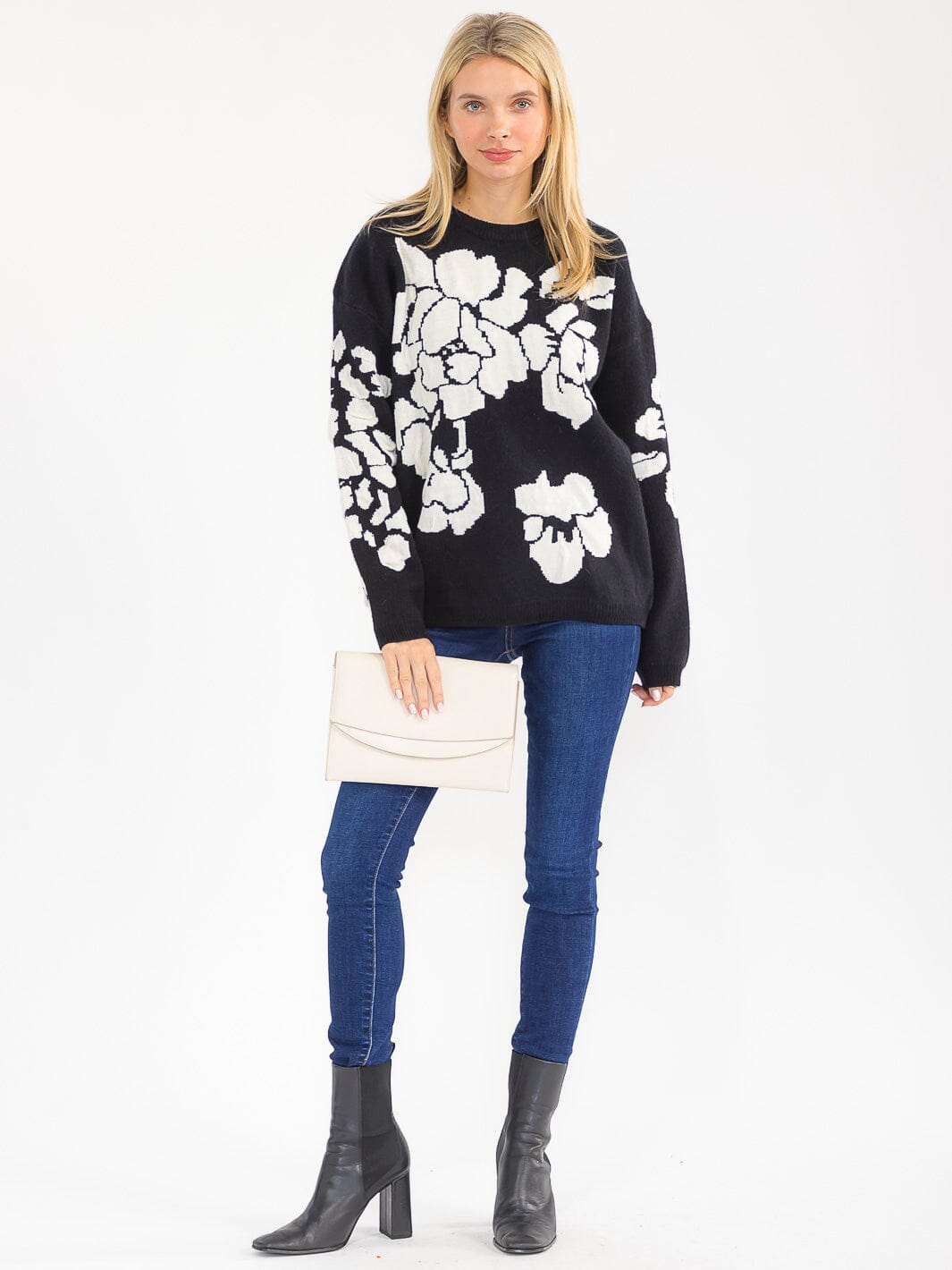 WOMEN'S LONG SLEEVE KNIT PULLOVER COLORBLOCK FLORAL PRINT SWEATER