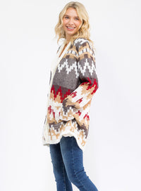 WOMEN'S LONG SLEEVE BUTTON CLOSURE FRONT POCKETS MULTI PRINT CARDIGAN