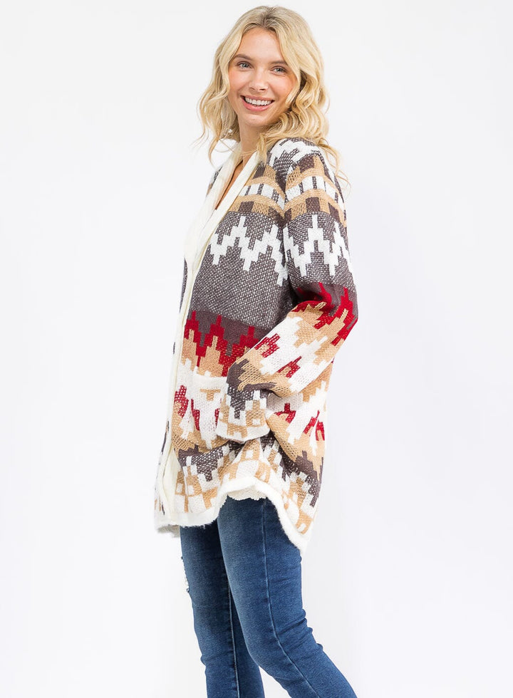 WOMEN'S LONG SLEEVE BUTTON CLOSURE FRONT POCKETS MULTI PRINT CARDIGAN