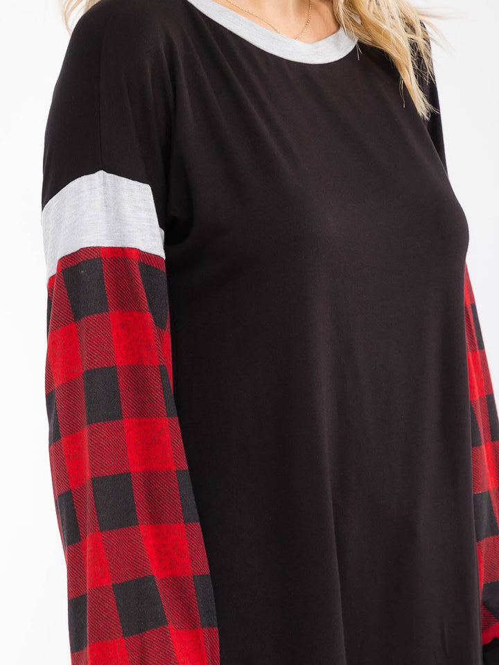 WOMEN'S LONG SLEEVE COLORBLOCK PLAID LOOSE FIT TOP