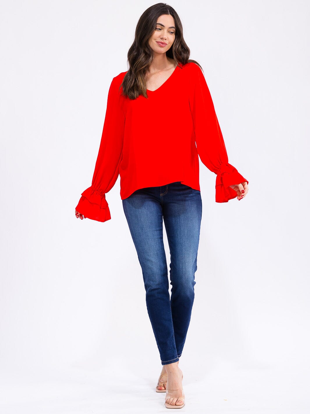 WOMEN'S LONG RUFFLE SLEEVE V-NECK BLOUSE
